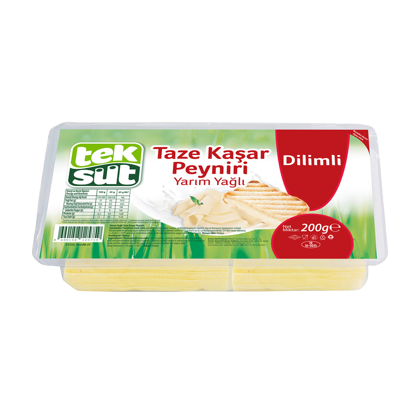 Teksüt Yarım Yağlı Dilimli Taze Kaşar Peynir