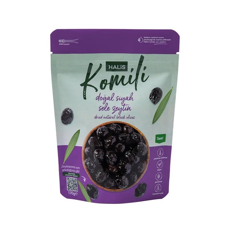 Halis Komili Doğal Siyah Sele Zeytin 351-380 Ad/Kg 170 g